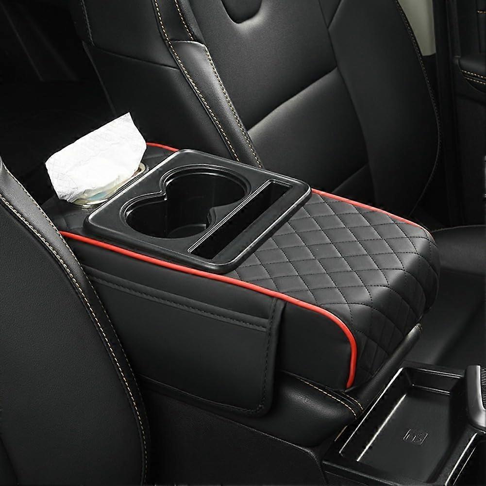 Center Console Armrest Cover With Tissue Holder, Leatherette Elbow Support, For Driver, Black With Red Trim, Fits Most Vehicles