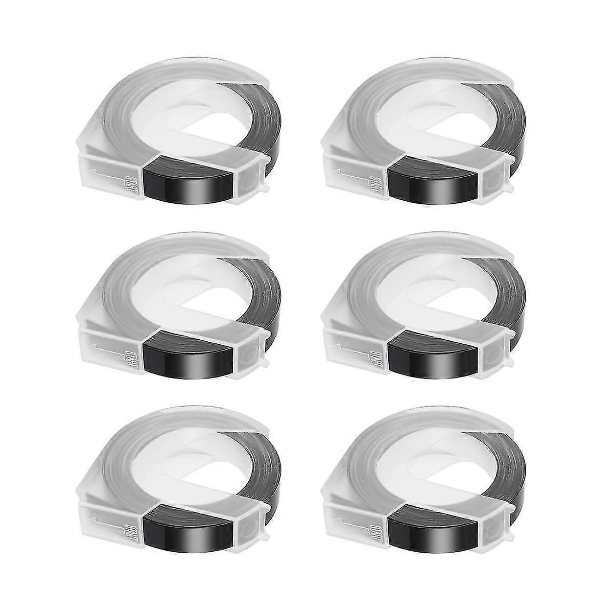 6 Rolls Embossing Label Tape 3D Plastic White on Black 9mm x 3meter for Embossing Label Makers