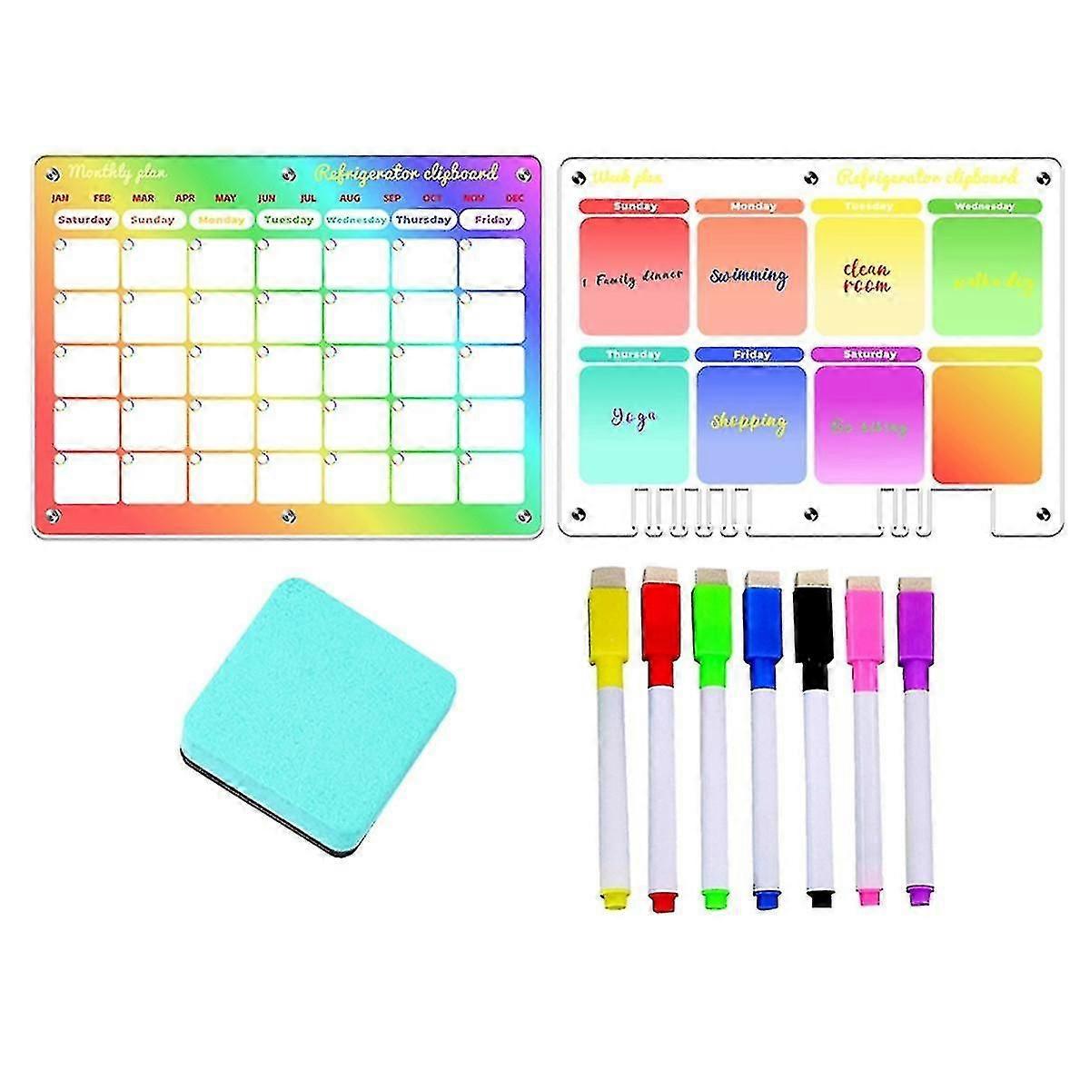 Acrylic Magnetic Calendar For Fridge Monthly & Weekly Calendar, 2 Set Clear Reusable Planner Whiteboard Calendar 16x12in