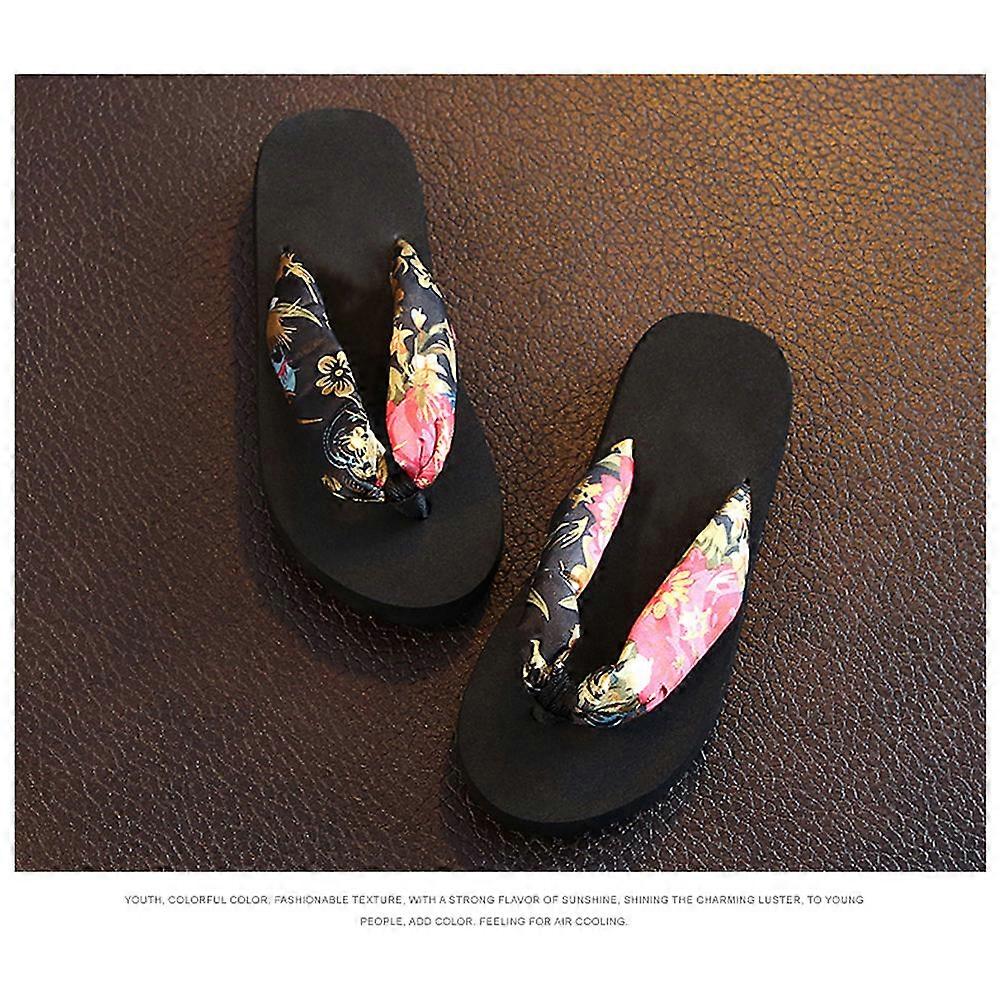 Kids Slippers Mid-Heel Bohemia Style Anti-Slip Breathable Silk Fabrics Black Gold 1 Pair