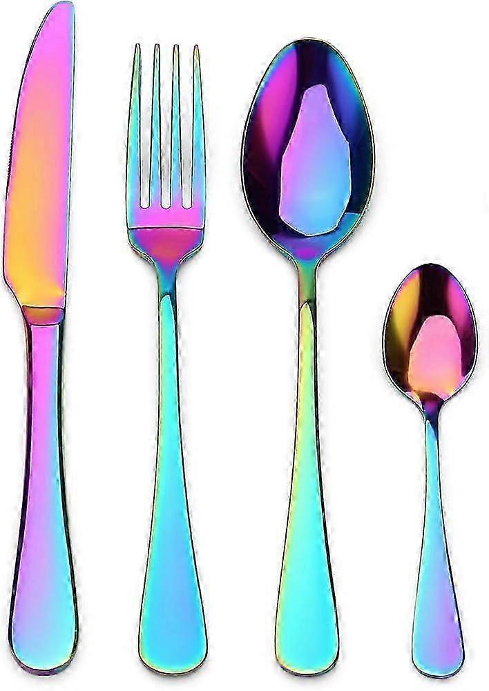24 Pieces Rainbow Plated Titanium Cutlery Set.Stainless Steel Colorful Cutlery