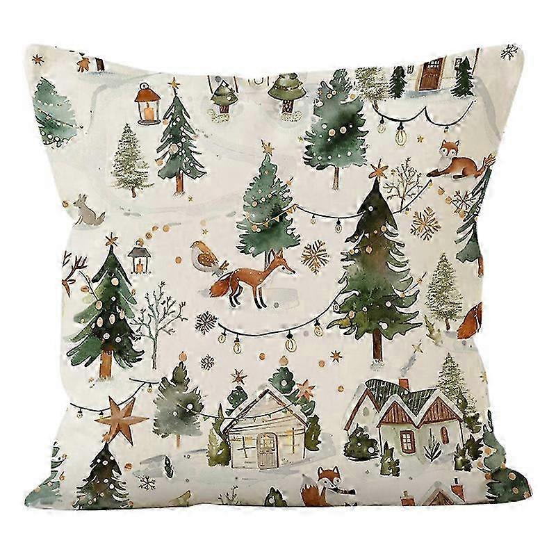 Cedar Garland Decorated Winter Christmas Tree Pillowcase with Snowman Print for Holiday Sofa Decoration