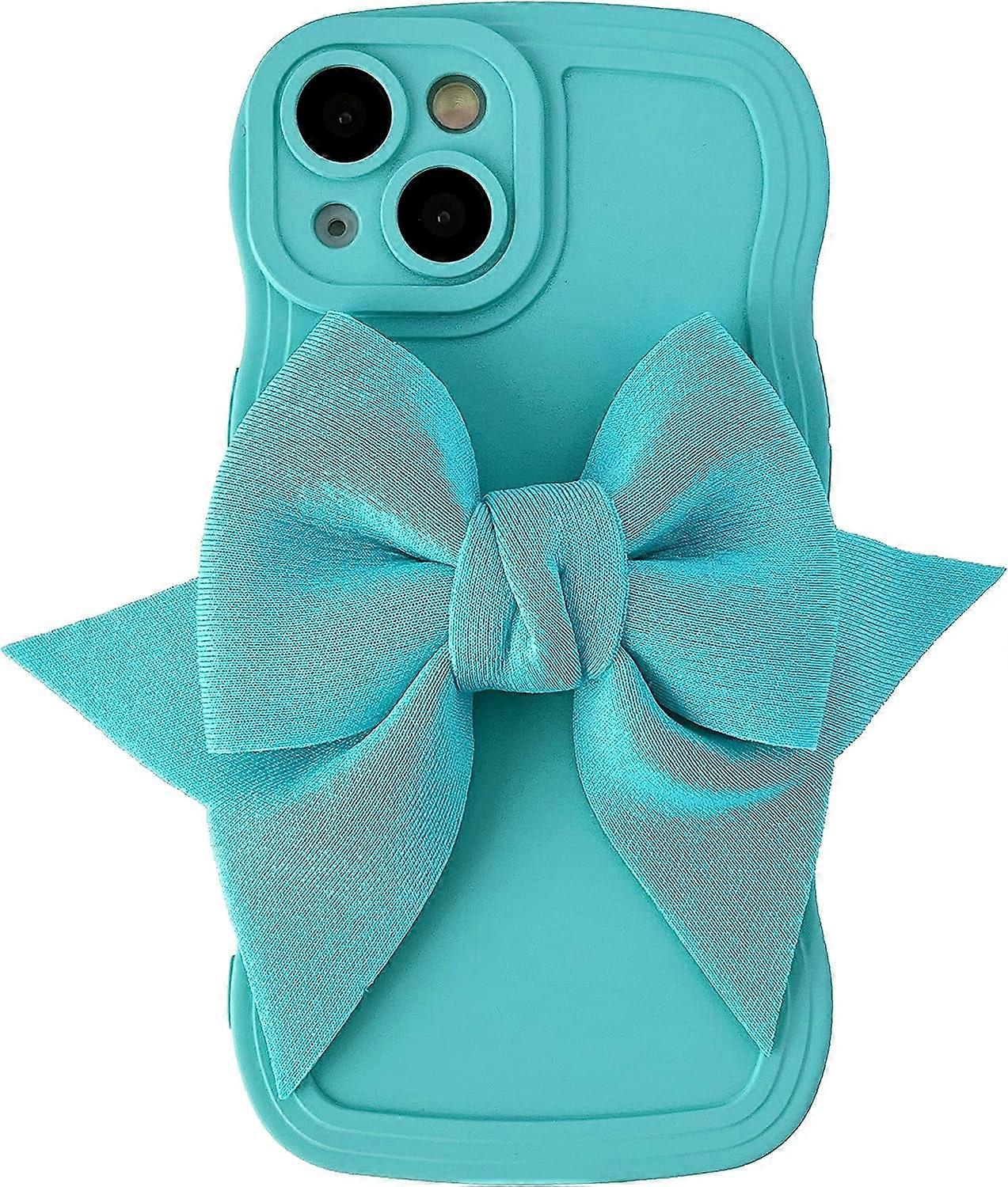 Cute Bow Knot Curly Wave Frame Soft Compatible with iPhone Case (Blue,compatible with iPhone 12)