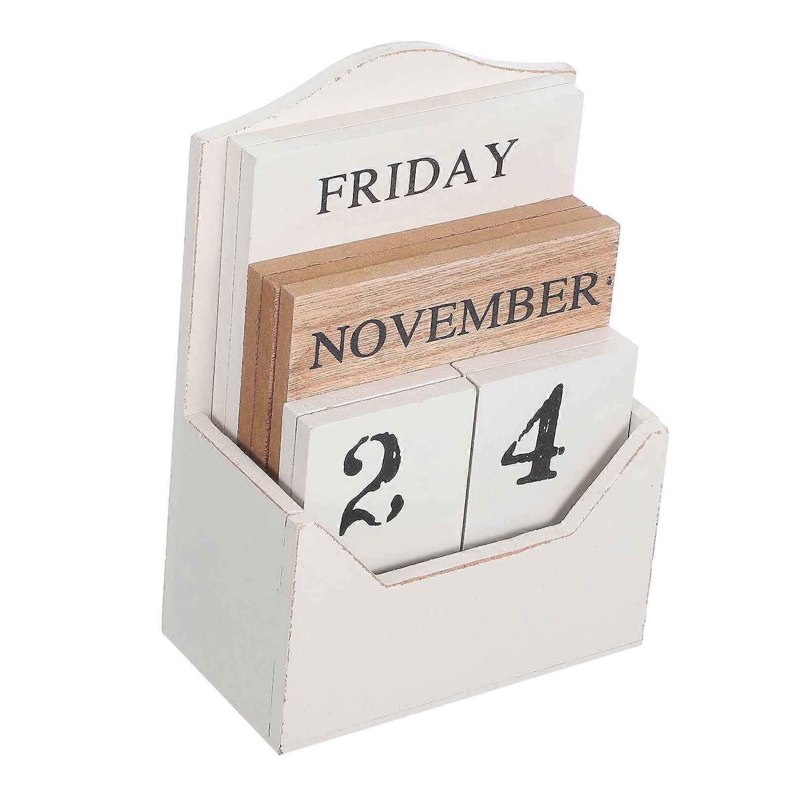 Wood Desk Perpetual Block Calendar White Manual Date Display for Office Desktop Decoration 1Set