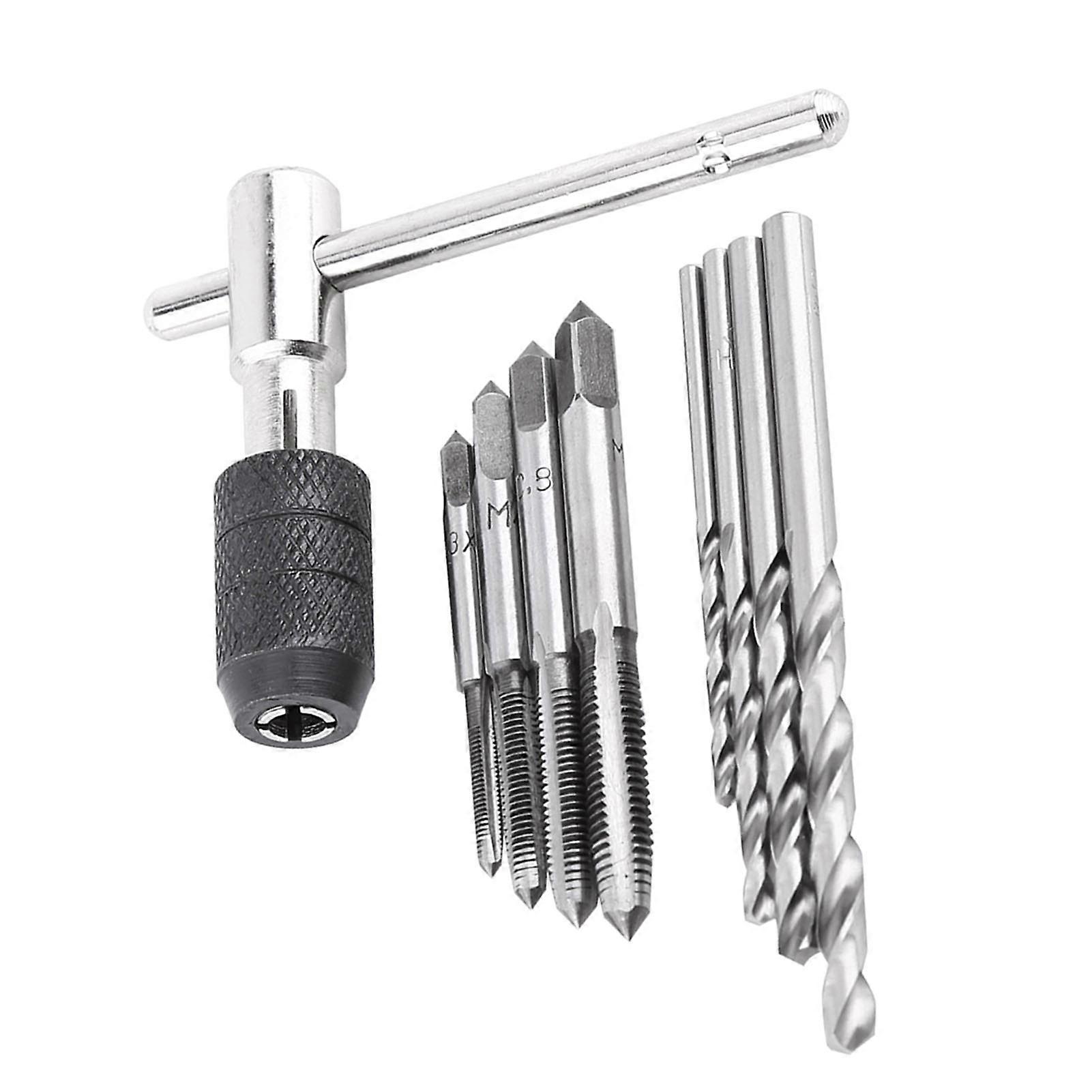9pcs Set Screw Taps &amp; Tshaped Wrench &amp; Twist Drill Bits Threading Tapping Hand Tool Kit