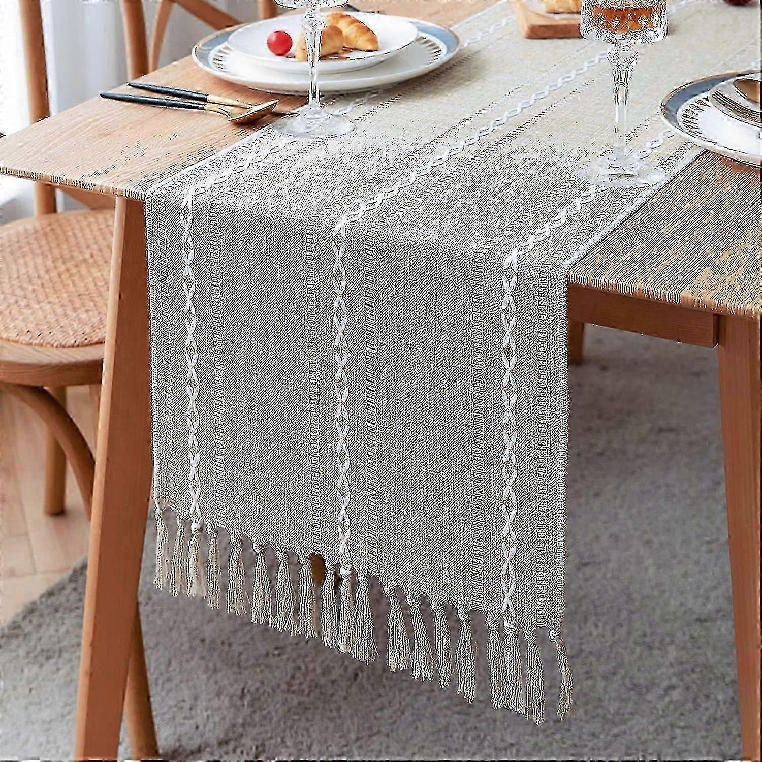 Rustic Linen Table Runner with Handmade Tassel,Farmhouse Style,183cm Long,33 x 183cm(Brown, 183 x 33cm)