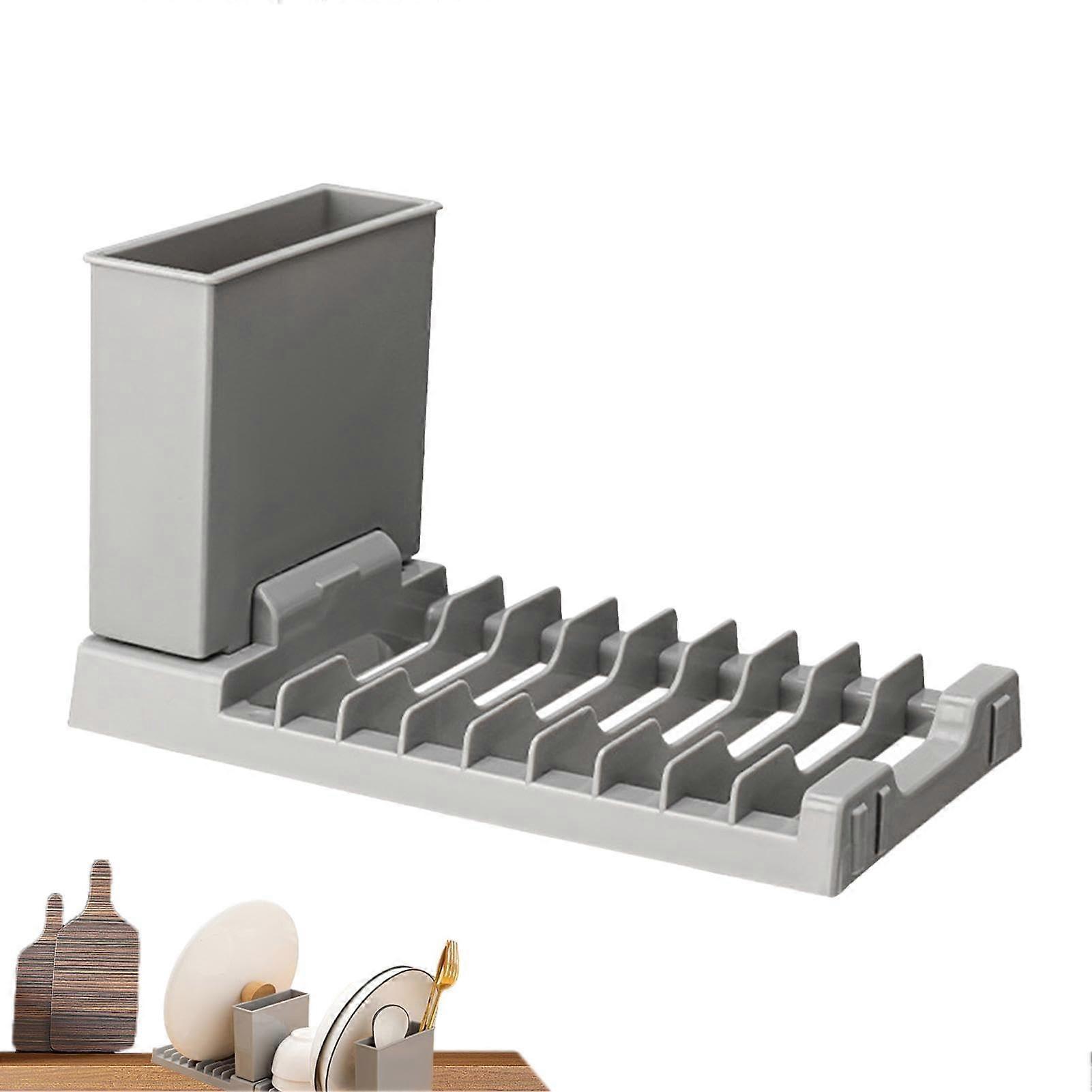 Collapsible Dish Drying Rack with Utensil Holder for Kitchen Counter, Grey Plastic Drainer