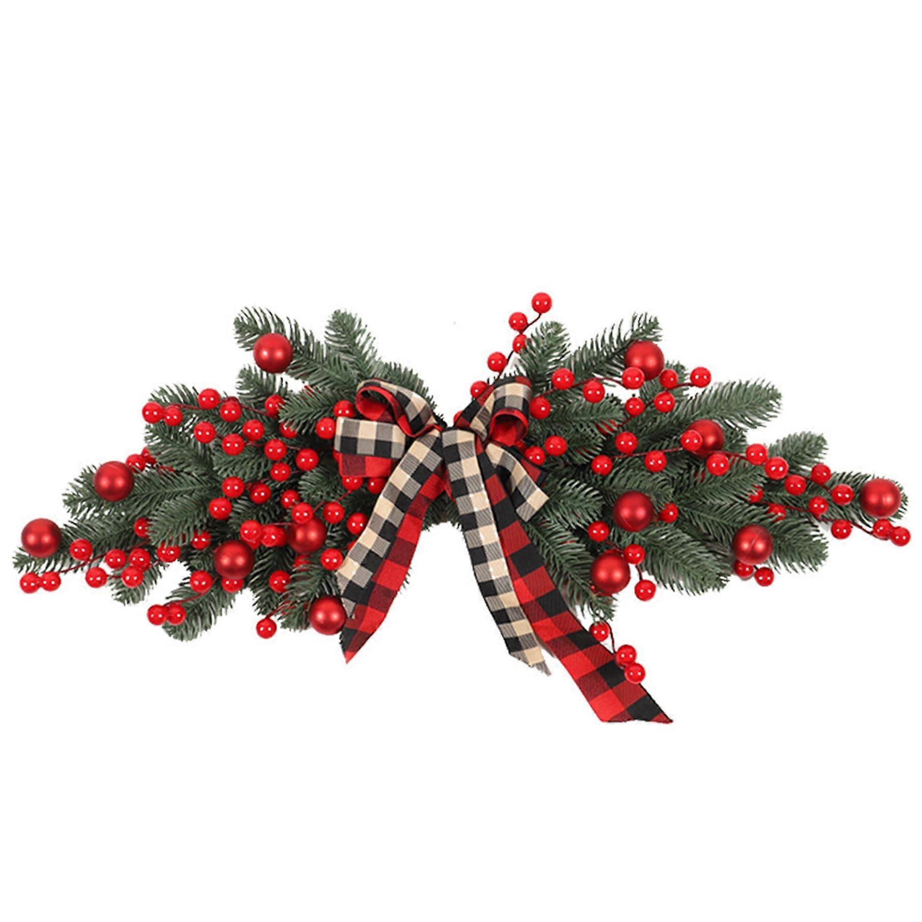 Christmas Door Swag with Lights Artificial Red Bow and Berries Hanging Teardrop Decoration for Windows