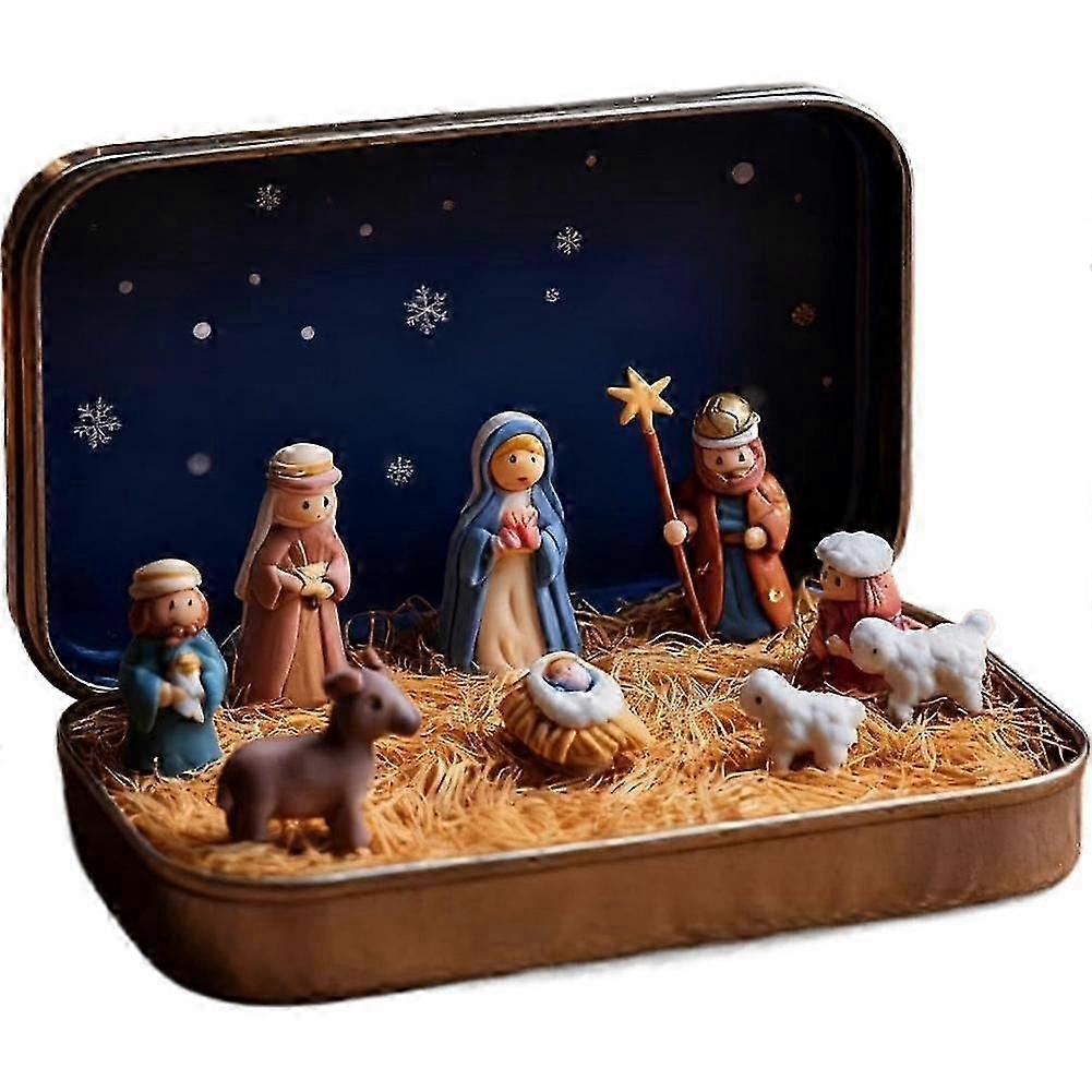 Mini-Weihnachtskrippe in einer Blechdose, handgefertigte Bethlehem-Taschenszene