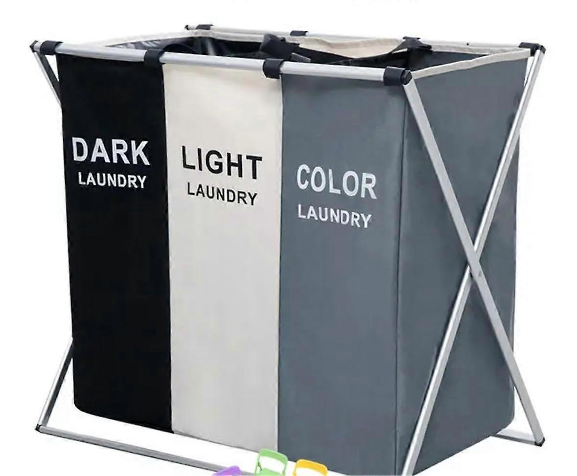 Laundry Basket with 3 Compartments for Dark, Light and Coloured Clothes, Aluminium Frame Organizer