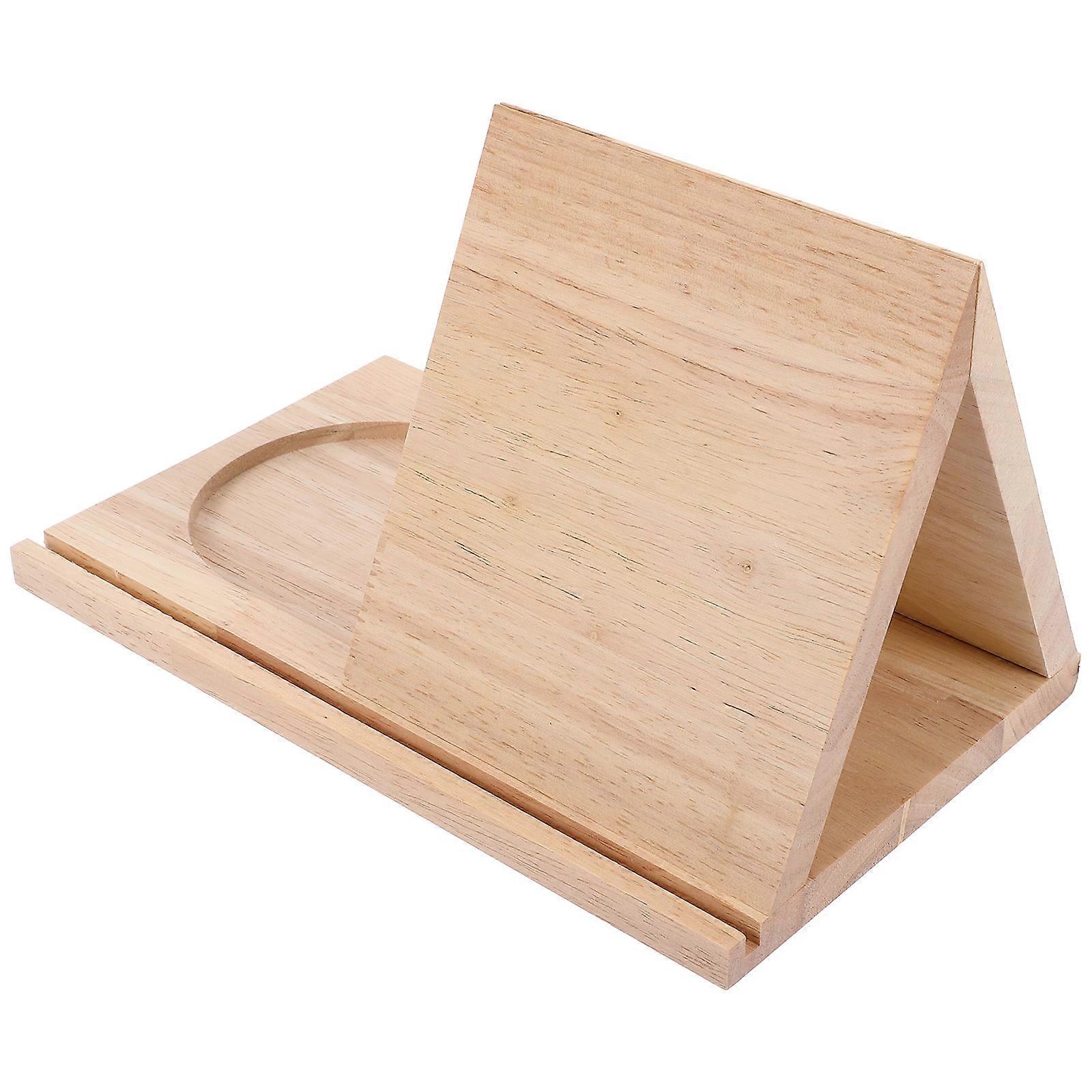 Wooden Triangle Book Rest for Home with Built in Cup Holder Beige Shelf