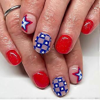 Independence Day Press on Nails Short, Acrylic Square Fake Nails, Short 4th of July Press on Nails, Blue Red Glue on Nails with Designs, 24Pcs (Star