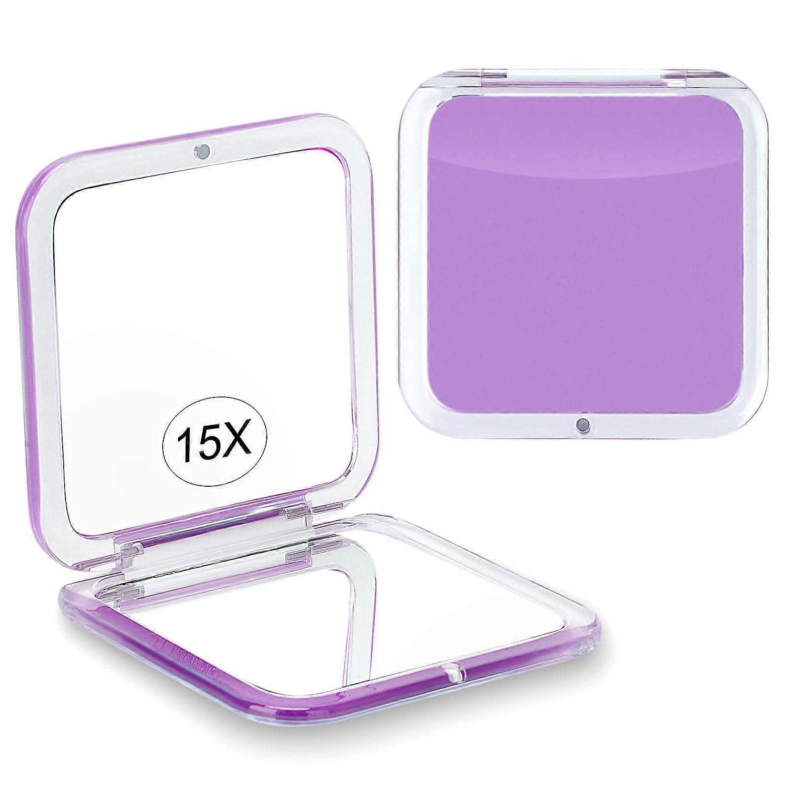 Compact 15X Magnifying Makeup Mirror with Dual Sides for Travel Purse, Foldable Square Purple 3.3'
