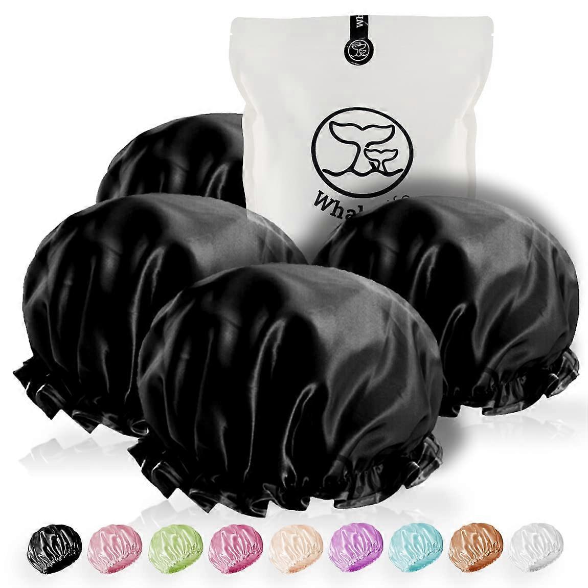 Extra Large Waterproof Shower Cap for Long Hair, Double Layer Satin EVA, Reusable Black 4 Pack