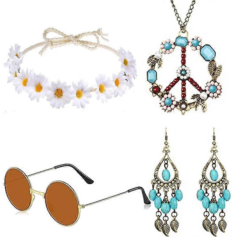Lunettes de f��te Hiphelicopter des ann��es 60 pour femmes, collier signe de paix, guirxi��t��, boucles d'oreilles tremp��es, accessoires, 4 pi��c