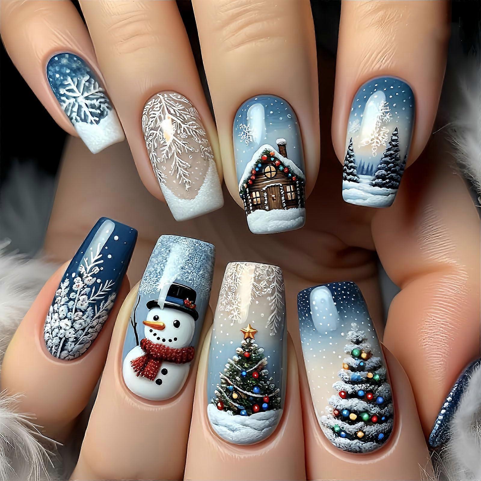 Christmas Press On Nails Medium Square Glossy Acrylic with Snowflake Snowman Tree Designs 24pcs