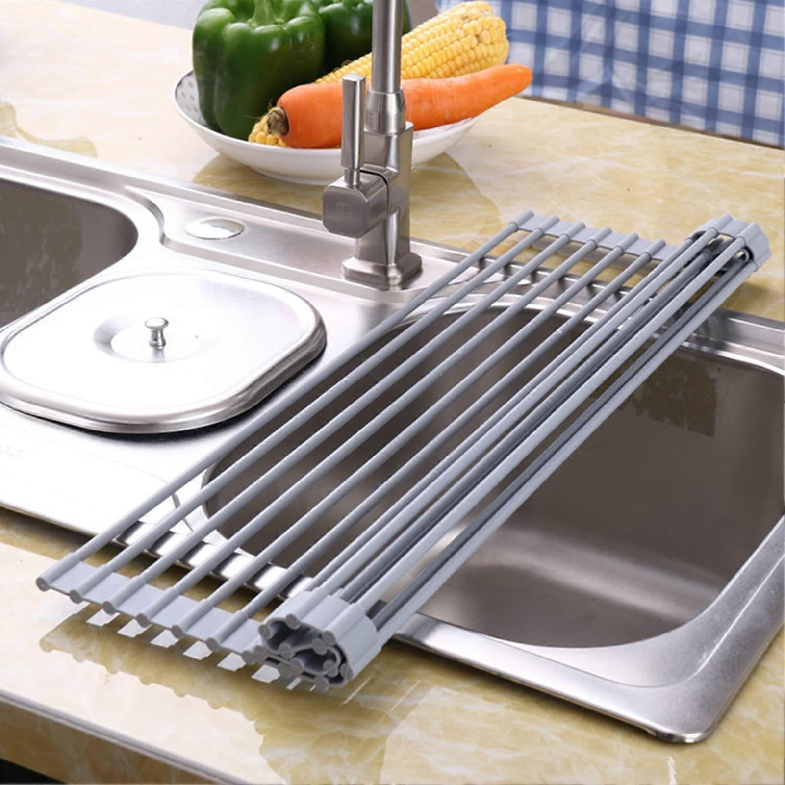 Over Sink Roll Up Dish Drying Rack with Silicone Coating, 304 Stainless Steel SpaceSaving Drainer