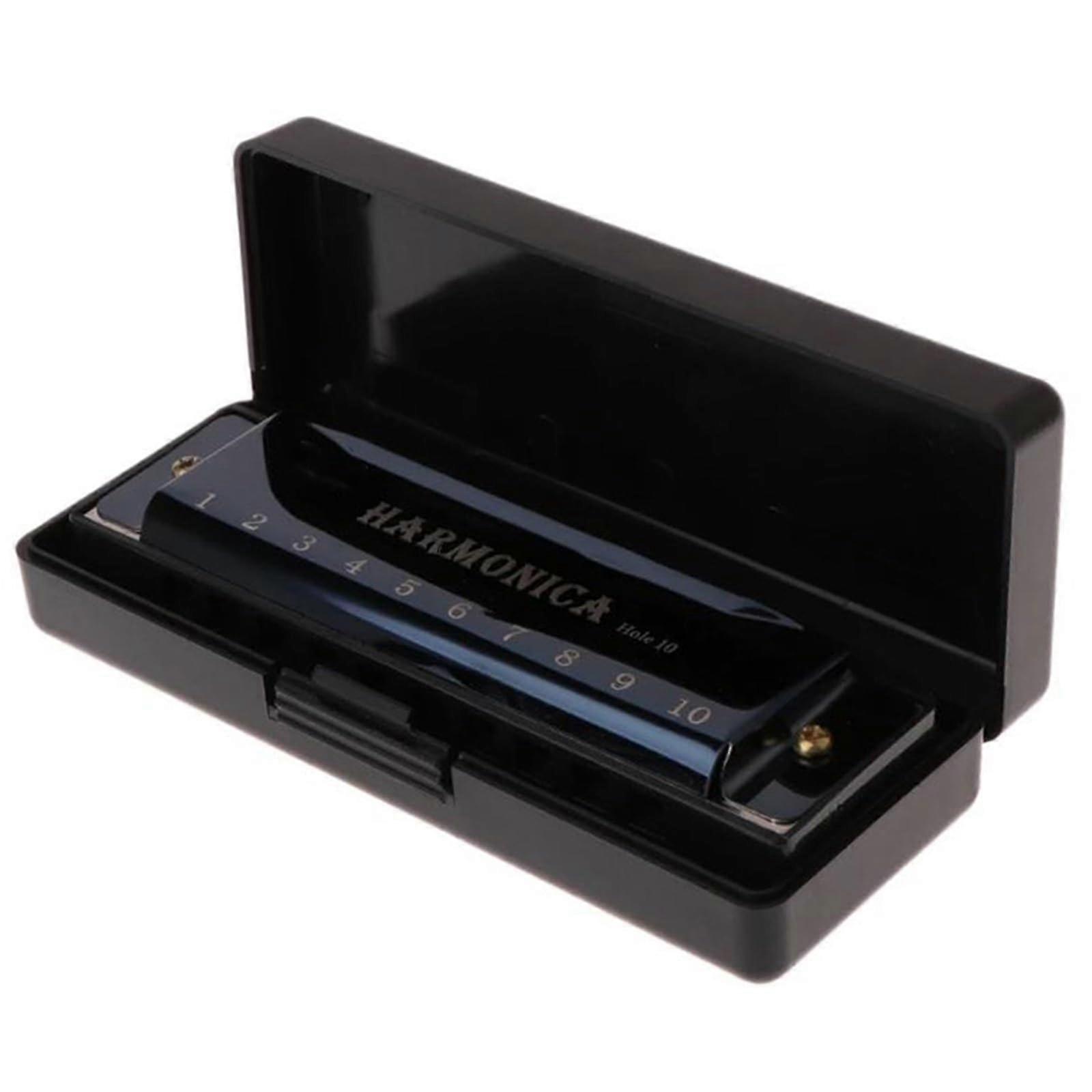 Blues Harmonica Key of C 10 Hole with Case, Bright Projecting Tone, BeginnerFriendly Black Model