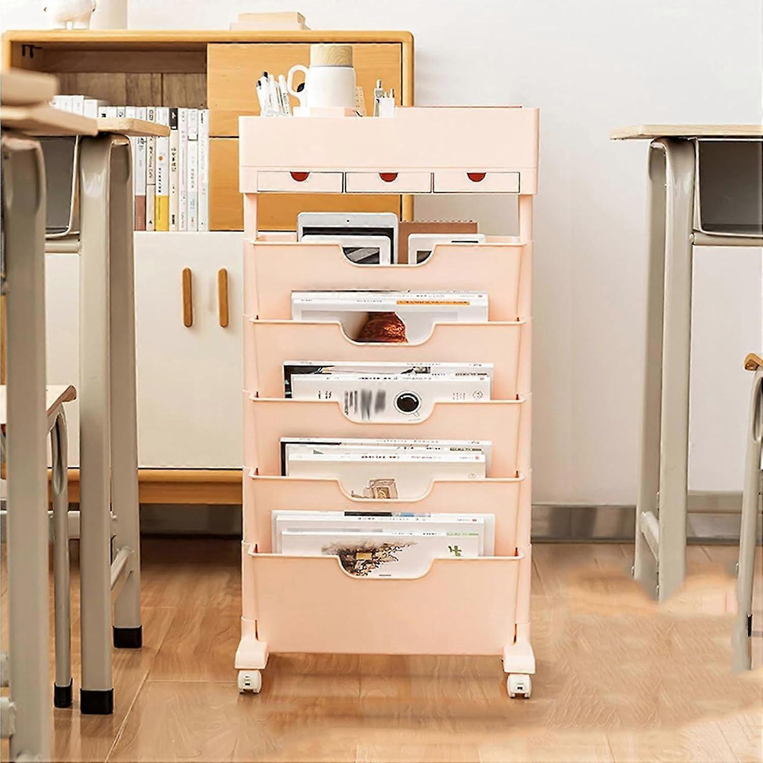 5 Tier Rolling Bookshelf with Lockable Casters, Slim Mobile Storage Organizer for Office Dorm