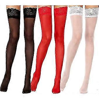 3 Stück Spitze Top Oberschenkel hohe Strümpfe, schwarz, weiß, rot