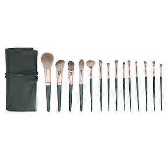 Ensemble de 14 pinceaux de maquillage pour peaux sensibles, anti-cernes, fards à paupières, fond de teint, poudre, avec sac en PU, vert-cr