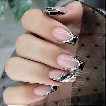 Medium Coffin Press on Nails French Tip Fake Nails with Glue Glitter Swirl Black 24PCS