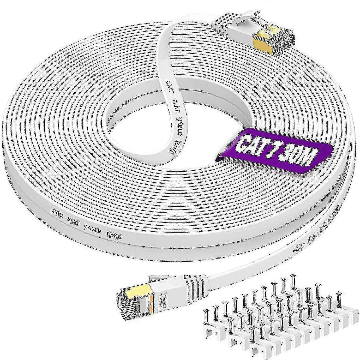 White Cat 7 30m Flat Internet Cable 10Gbps 600MHz Shielded RJ45 LAN Patch Cable
