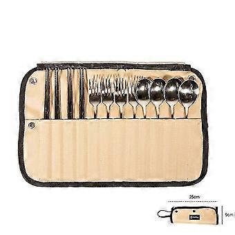 Portable Roll Up Camping Utensil Storage Bag, Durable Canvas Cutlery Organizer Pouch with Hanging Hooks, for Picnic Hiking, Khaki