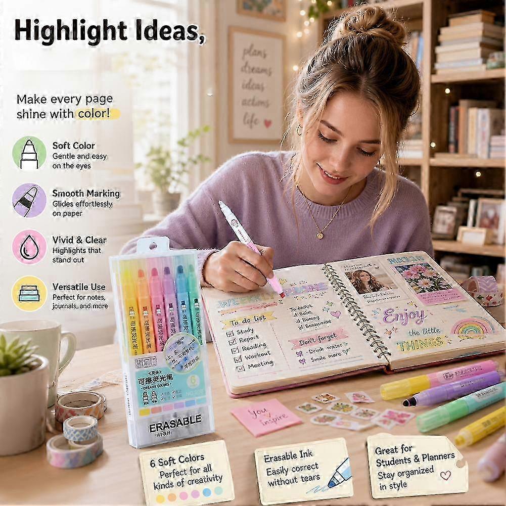 Erasable Highlighter Set Dual Ended Pastel Markers for Study Notes Journaling