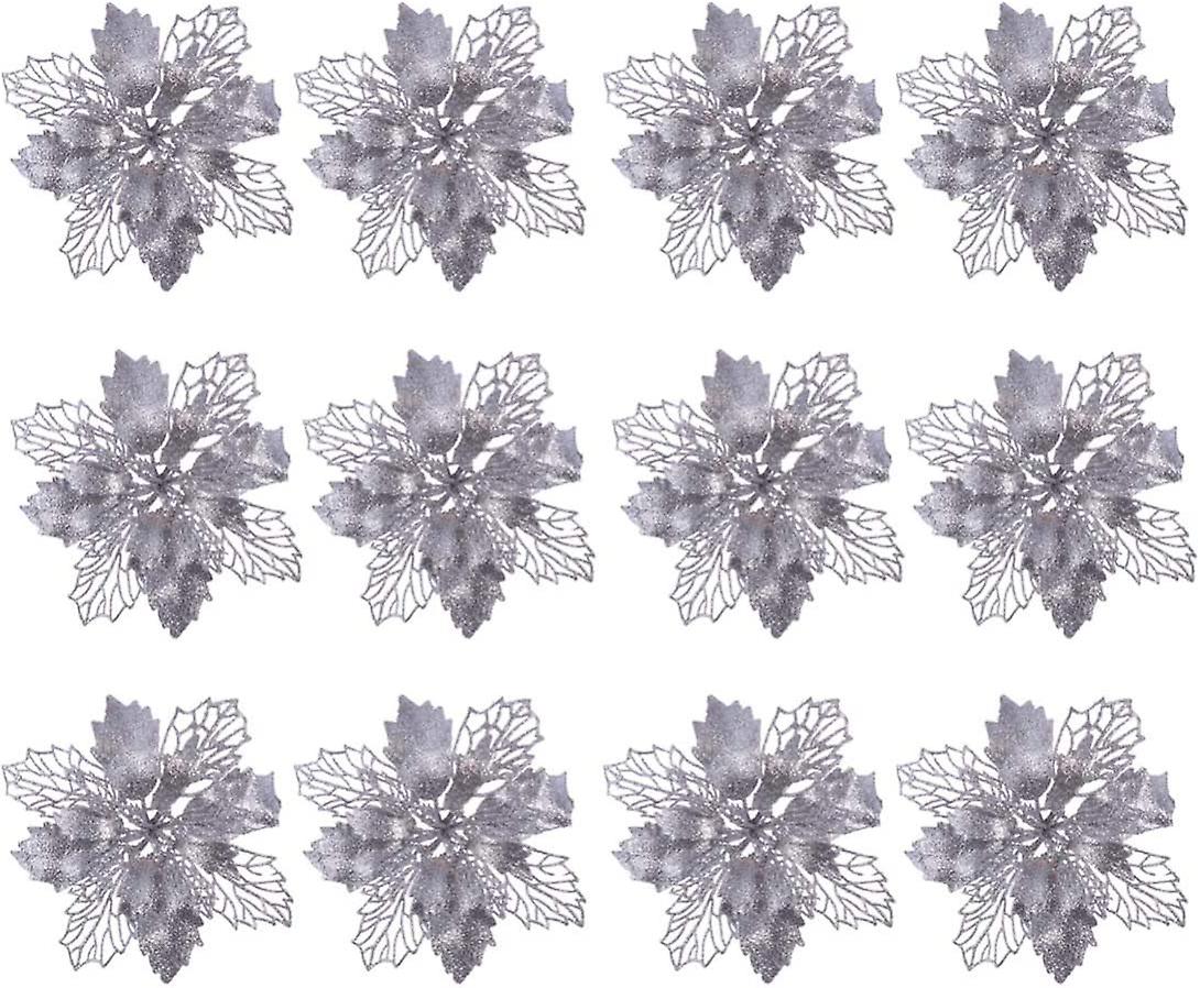 12 st julblomma julstjärna glitter julstjärna konstgjord julstjärna julgran prydnader juldekorationer blomma (silver)
