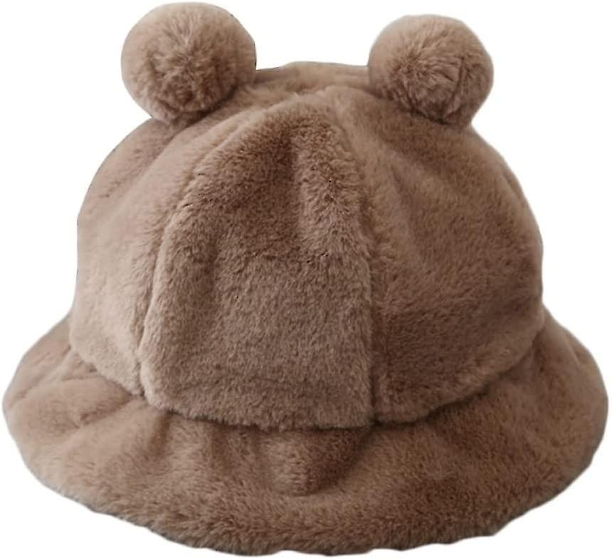 Chapeau De Pcheur - Femmes Hiver Moelleux Peluche Chaud Seau Chapeau Avec Mignon Pompon Bear Oreilles Couleur Unie Lopard Court Brim Cloche Casquette
