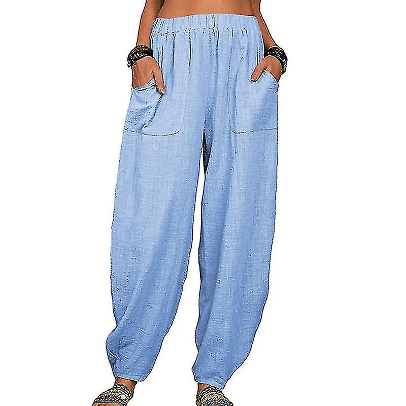 Women Solid Color Loose Cotton Linen Casual Pants Wide Leg Trouser With Pockets
