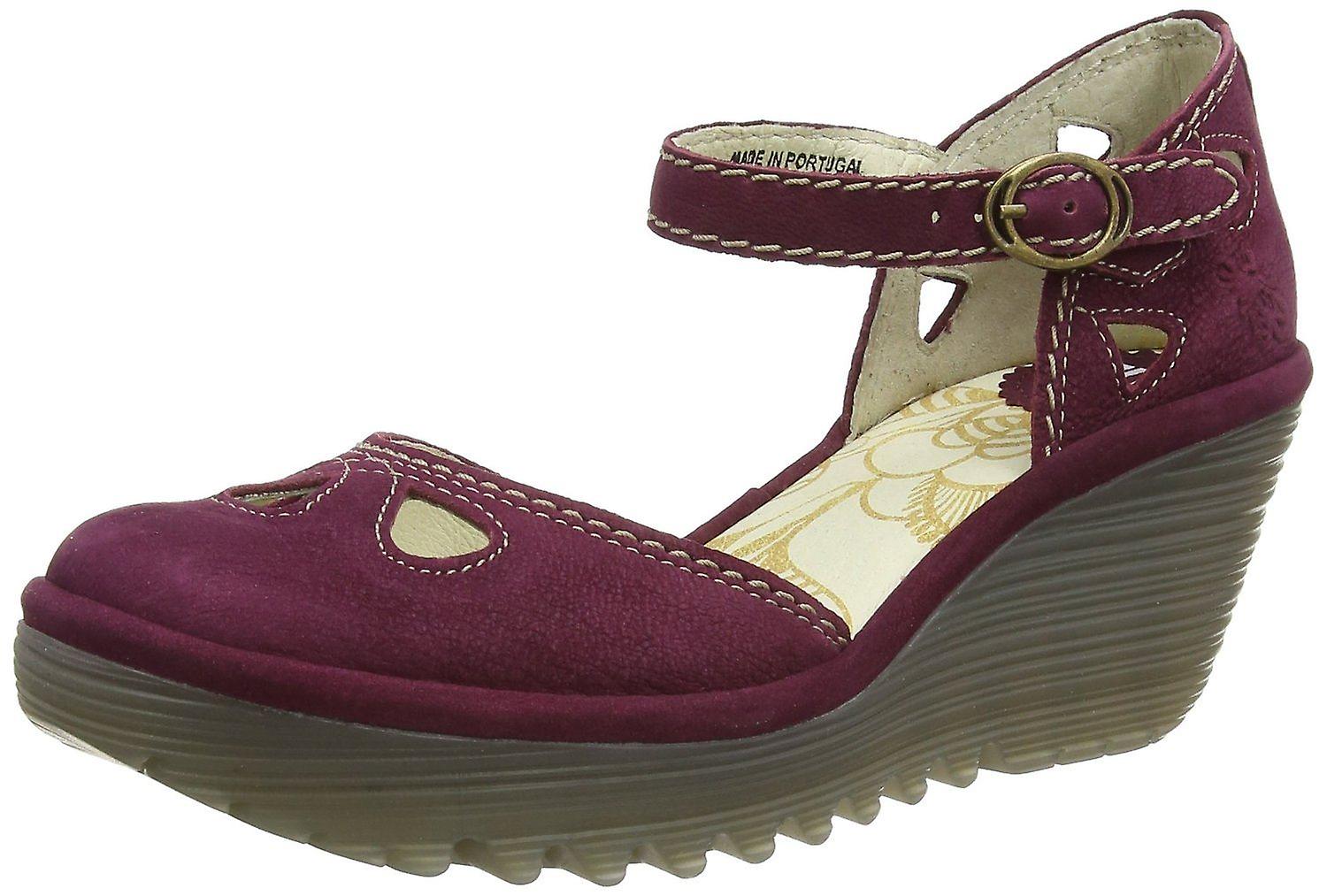 Fly London Yuna Magenta Womens Leather Wedge Sandals Shoes