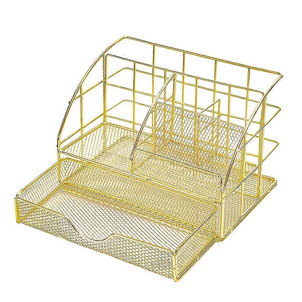 Desk Mesh Collection Organizer,Desktop Pen Holder with 5 Compartments&1 Drawer for Office&Home,Golden