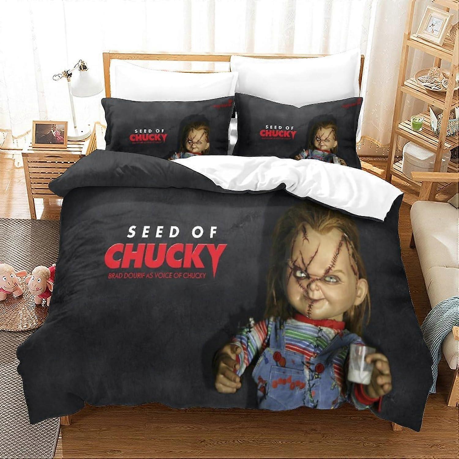 Chucky dukke dynetrekk sett gutter jenter seng 3D-trykt barneseng sett 3 stk dynetrekk mykt mikrofiberdynedeksel med glidelåslukking