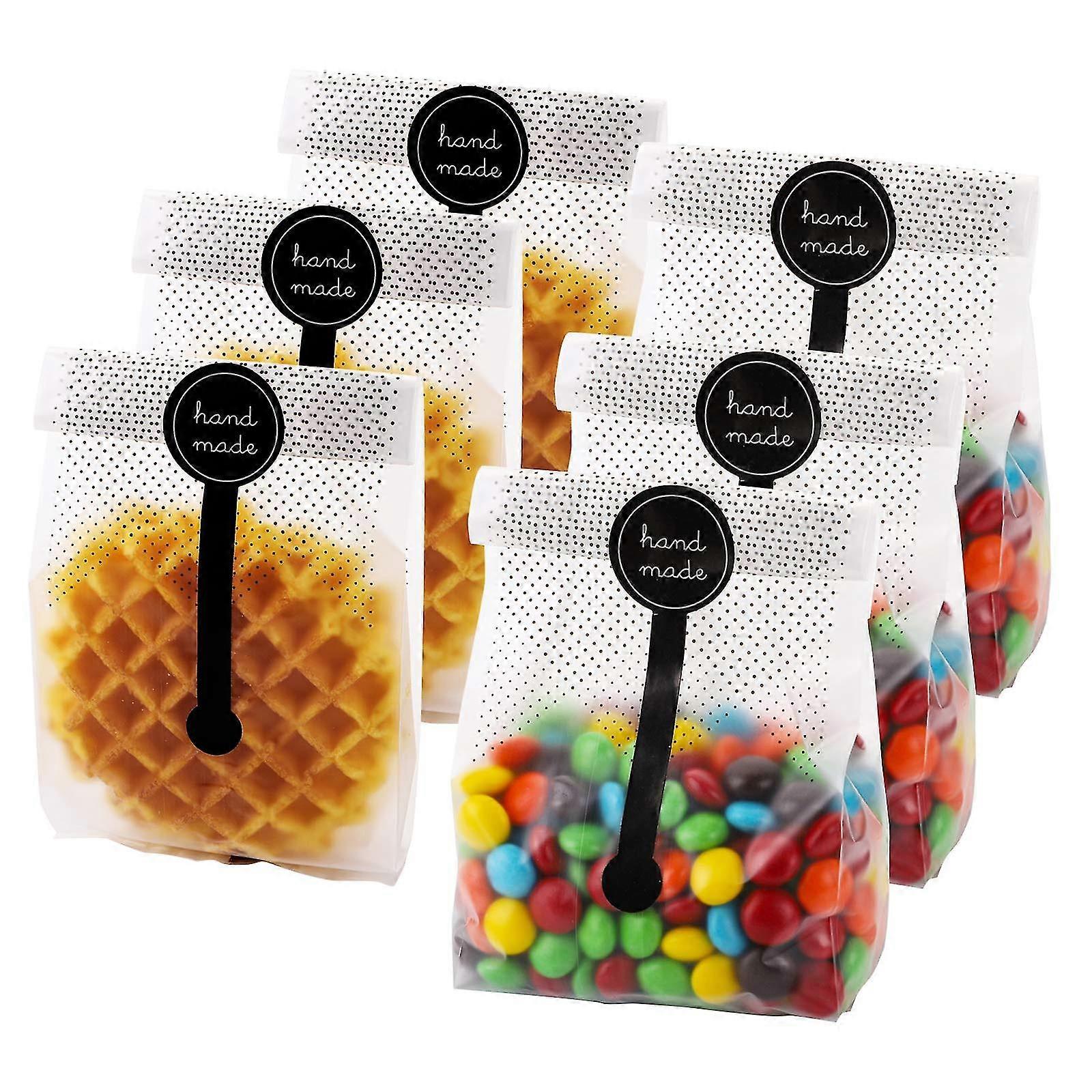 200 sacs à biscuits en plastique translucide, sacs d’emballage de collation en cellophane avec 200 autocollants faits à la main