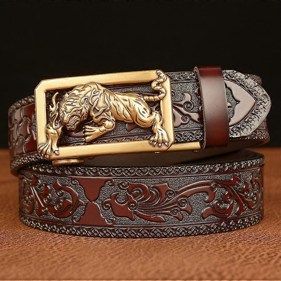 Fashion Tiger Buckle with Tang Grass Pattern Men's Leather Belt Work Of Art Belt Automatic Buckle Business Belt