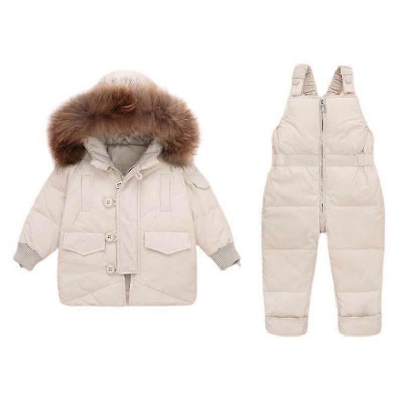 Kids Winter Puffer Jacket and Snow Pants 2-Piece Snowsuit Skisuit Set With Detachable Real Raccoon Fur collar