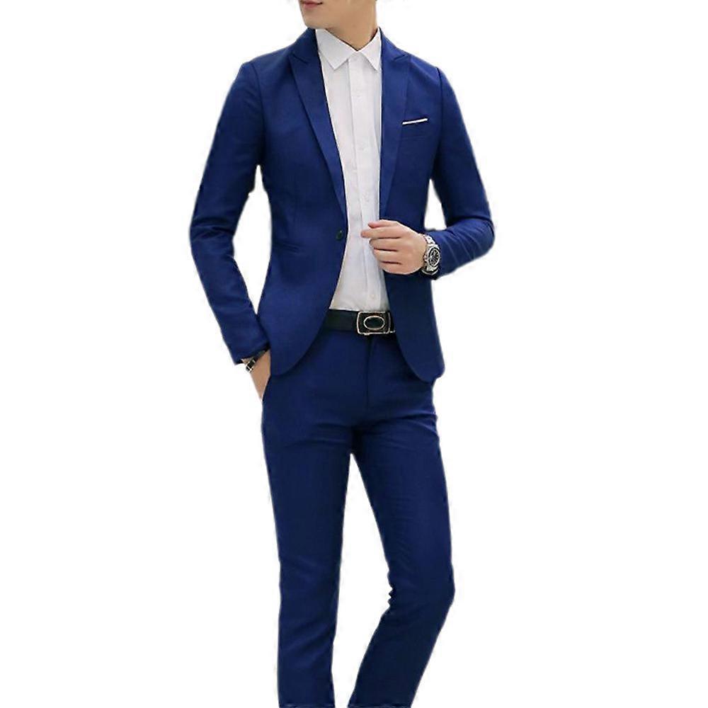 Men Plain Formal Single Breasted Blazer + Trousers Business Suit Set Royal Blue