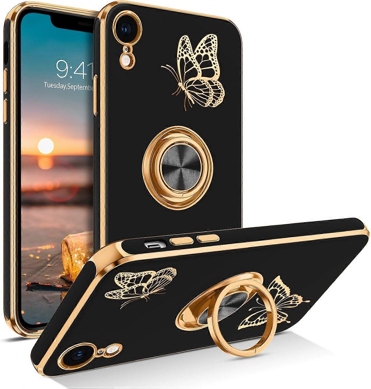 TIANYING for iPhone XR Case, Phone Case iPhone XR, Slim Fit Gold Butterfly Design Kickstand Ring Holder Shockproof Protection Soft TPU Bumper Drop Pro