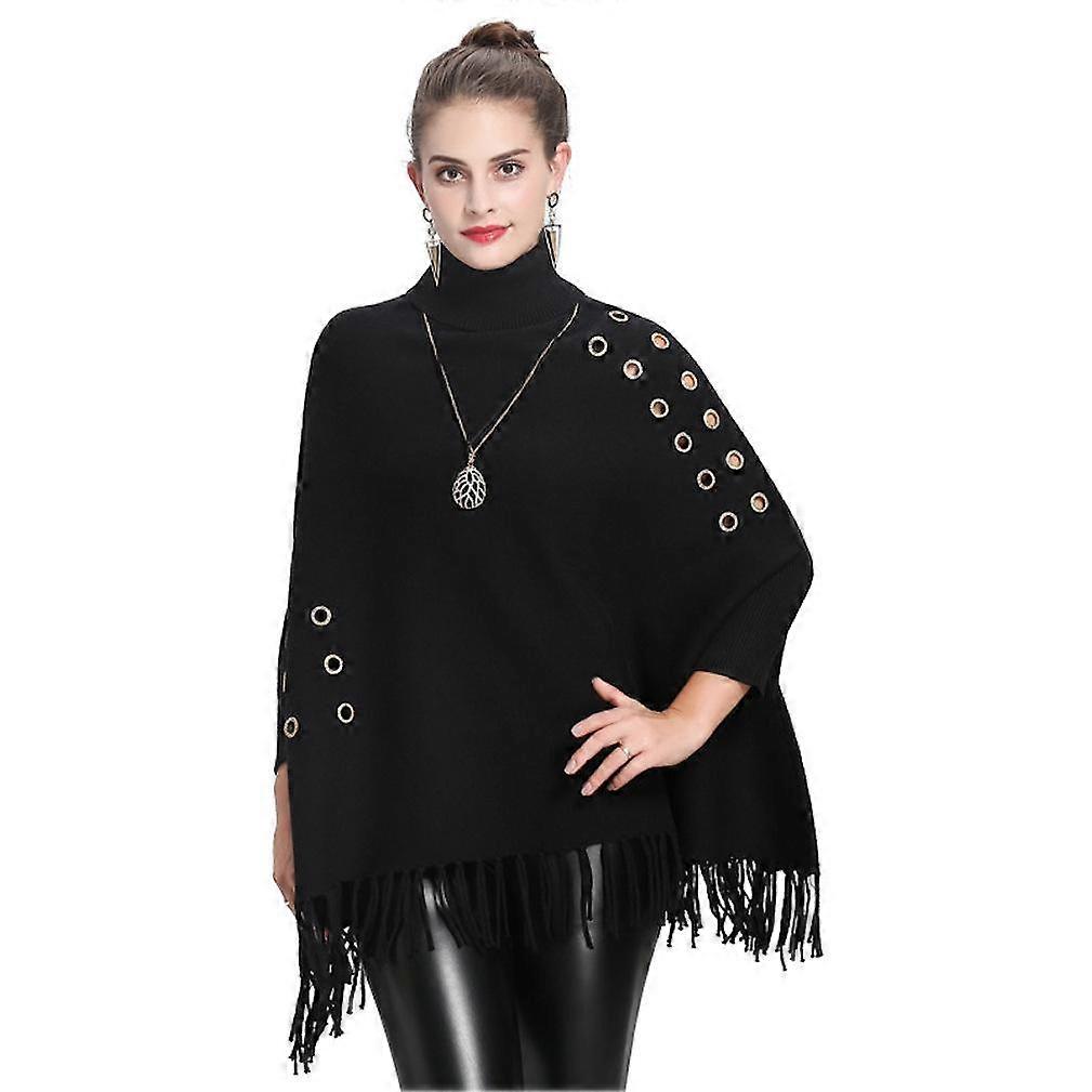 Loose Turtleneck Pullover Wrap Black Batwing Blouse with Tassel for Lady