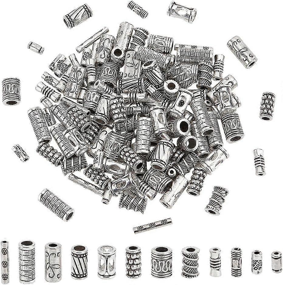 120Pcs 12 Styles Tibetan Style Alloy Tube Beads Column Antique Silver 6~14x2.5~7mm Hole: 1.2~4mm 10pcs/style