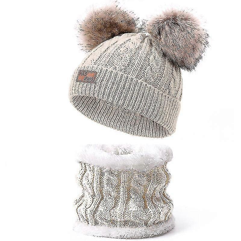 Child Winter Cable Knit Fleece Lined Warm Pom Pom Beanie Hat Circle Scarves