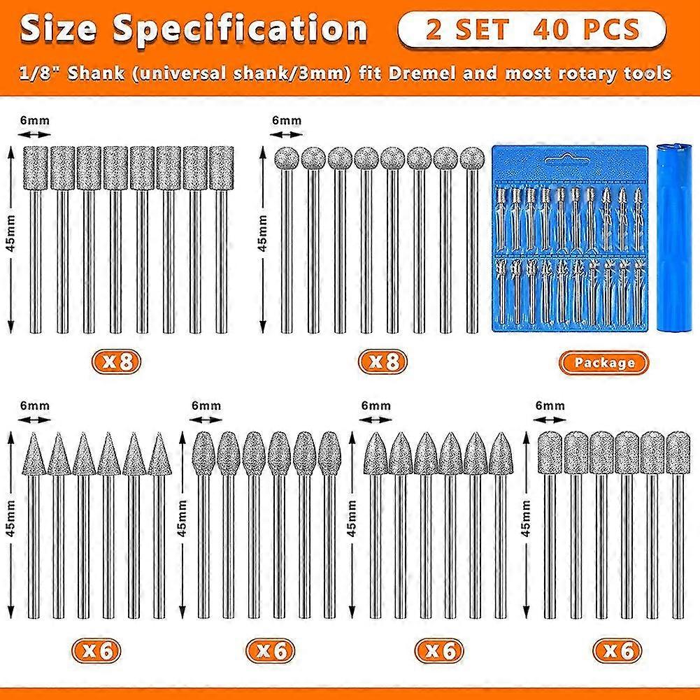 40 Pieces Diamond Burr Bits Stone Carving Set For Rotary Tool With 1/8 Inch Shank For Polishing Eng