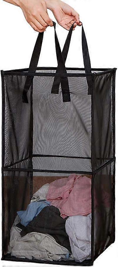 Laundry Hamper Bag with Handles,Portable & Collapsible Dirty Clothes Mesh Basket Foldable(Black,Double-Layer)