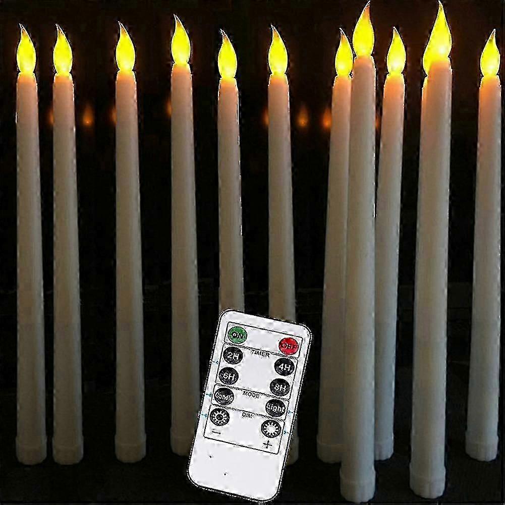 Set Of 10 Battery Operated Led Taper Candles With Remote, Ivory Dining Candles Smooth Wax Finish, Warm White Led
