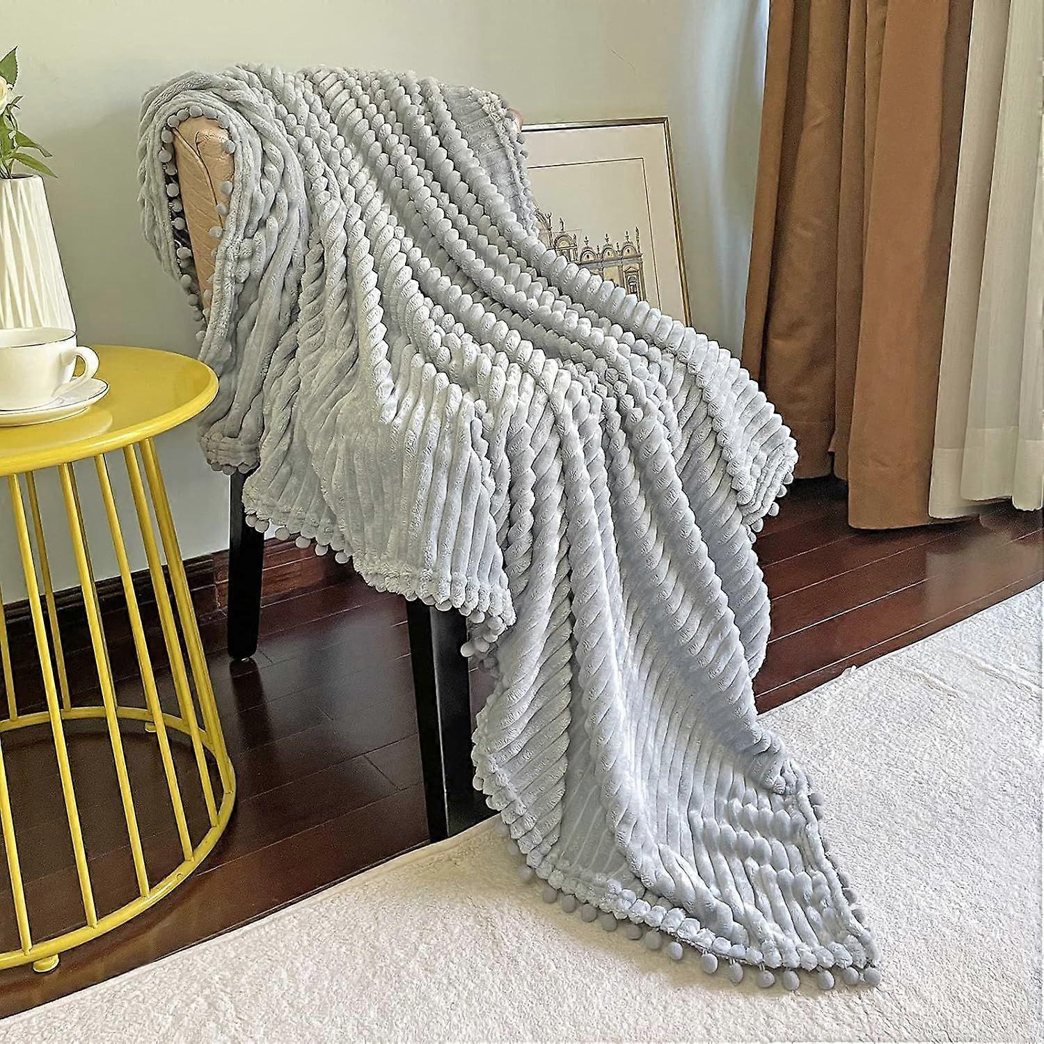 Fleece Blanket Twin Size  51x59, Grey  Soft, Plush, Fluffy, Fuzzy, Warm, Cozy  Perfect Throw for Couch, Bed, Sofa - with Pompom Fringe - Flannel Blank