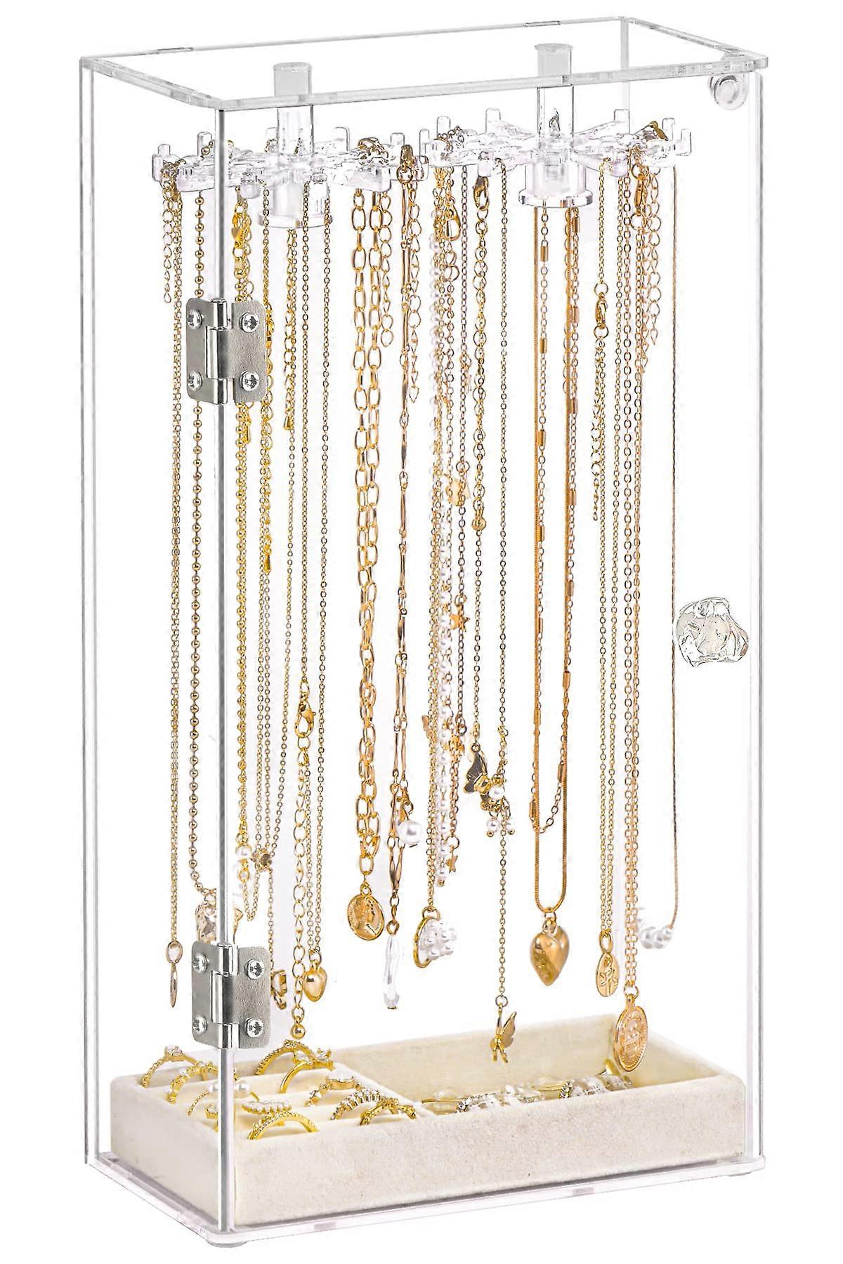 Acrylic necklace organizer rotatable display case with velvet tray