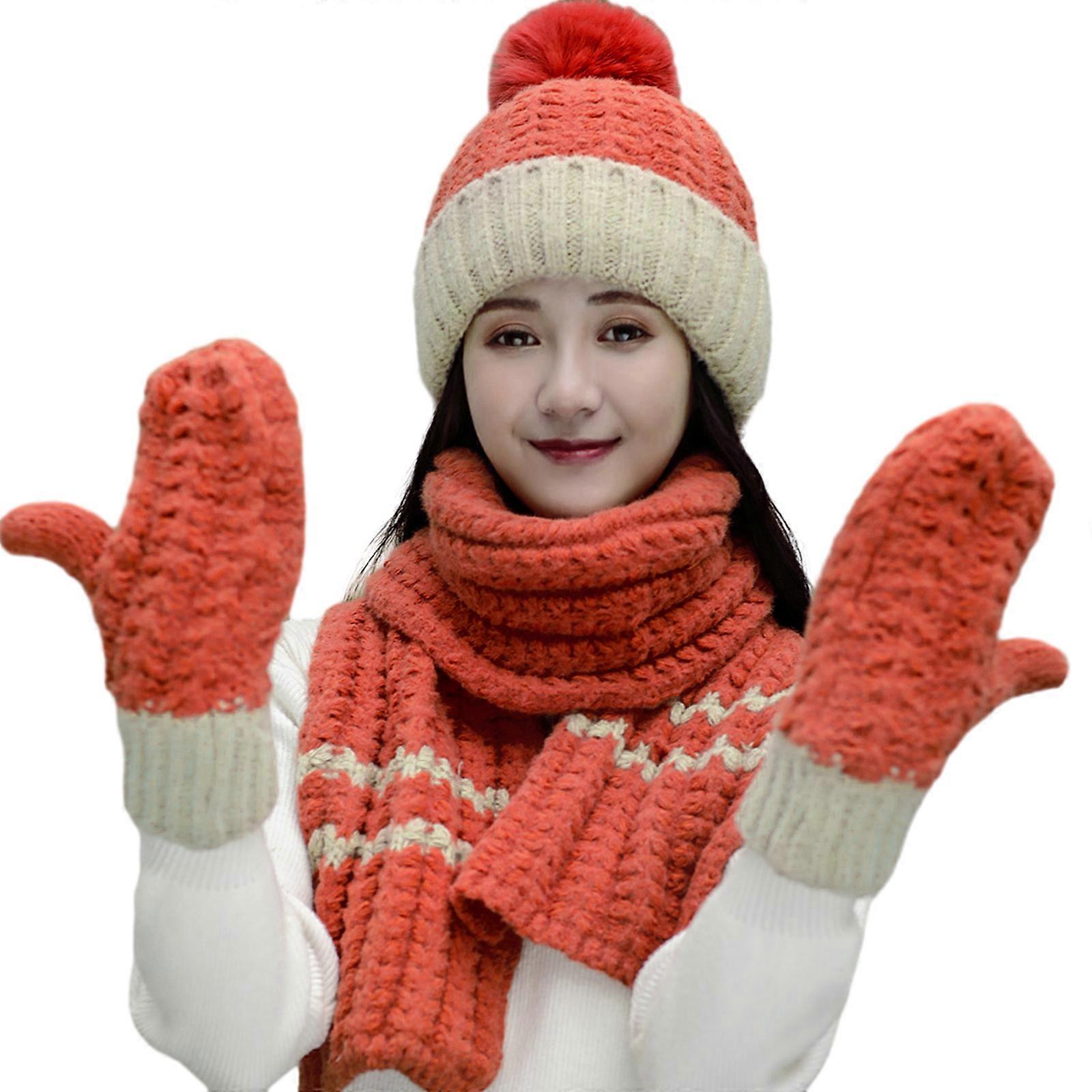 Femei Iarnă 3Pcs Pluș Căptușit Contrast Culoare Beanie Pălărie Eșarfă Lungă Mănuși Set Portocaliu
