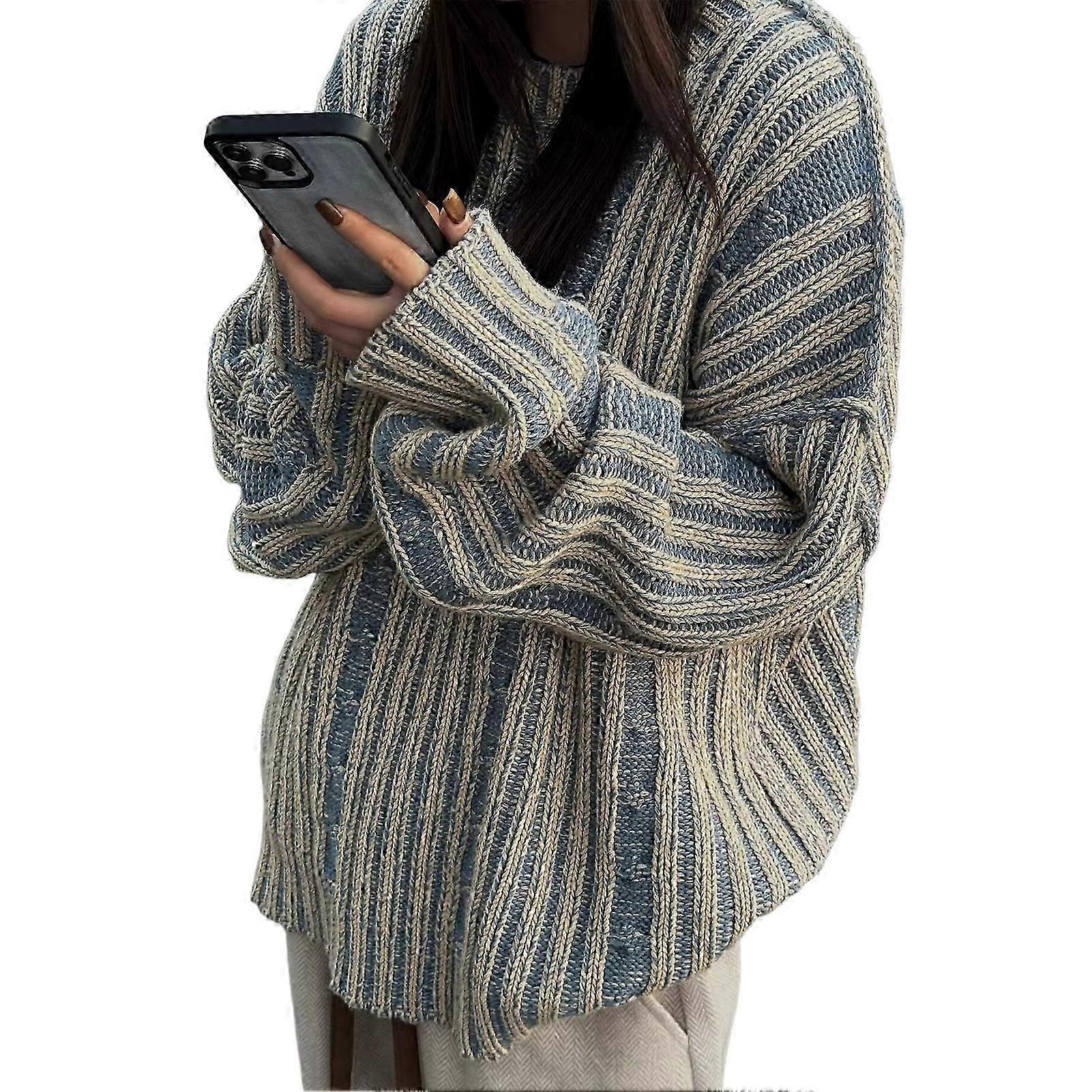 Retro Stripe Loose Sweater Casual Loose ffnit Sweater for Daily Wear